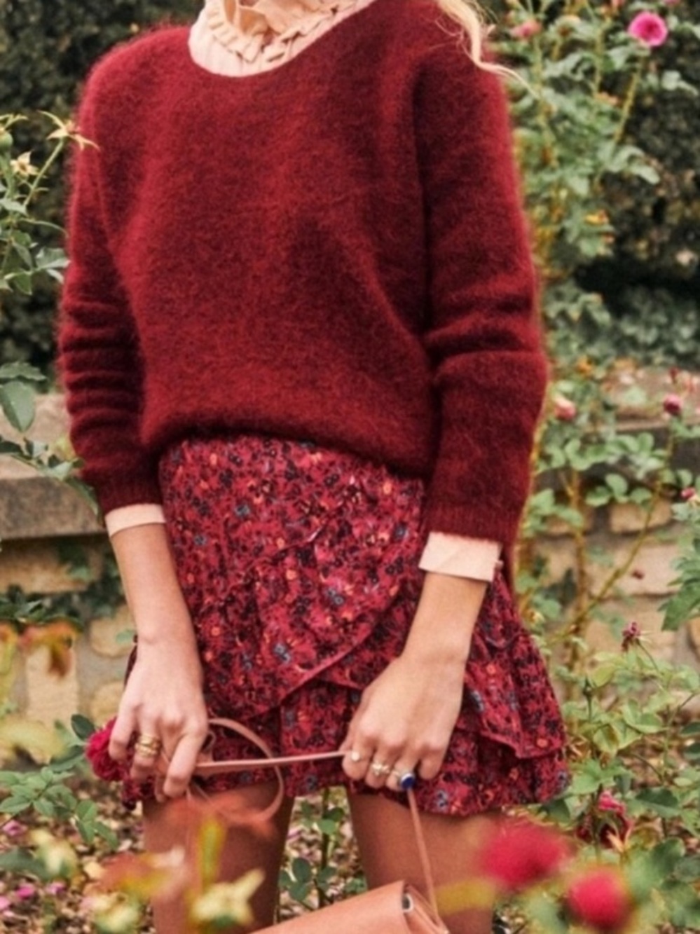 Sezane Carolina Skirt in Fleurs Bordeaux